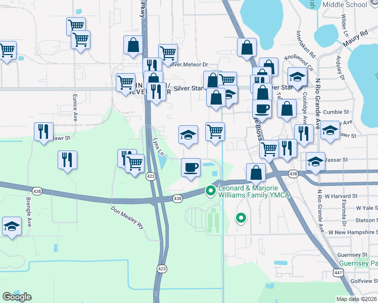 map of restaurants, bars, coffee shops, grocery stores, and more near 2427 Lynx Lane in Orlando