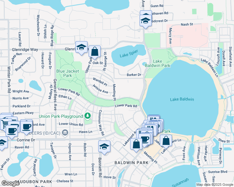 map of restaurants, bars, coffee shops, grocery stores, and more near 2301 Meeting Place in Orlando