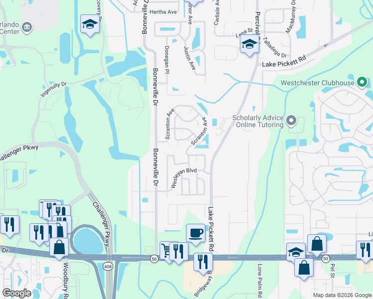 map of restaurants, bars, coffee shops, grocery stores, and more near 13600 Wesleyan Boulevard in Orlando
