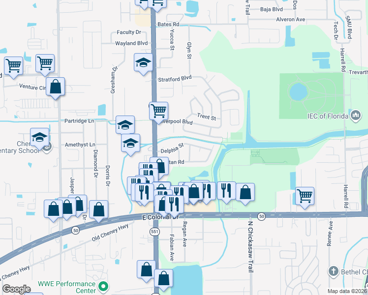 map of restaurants, bars, coffee shops, grocery stores, and more near 7710 Delphia Street in Orlando