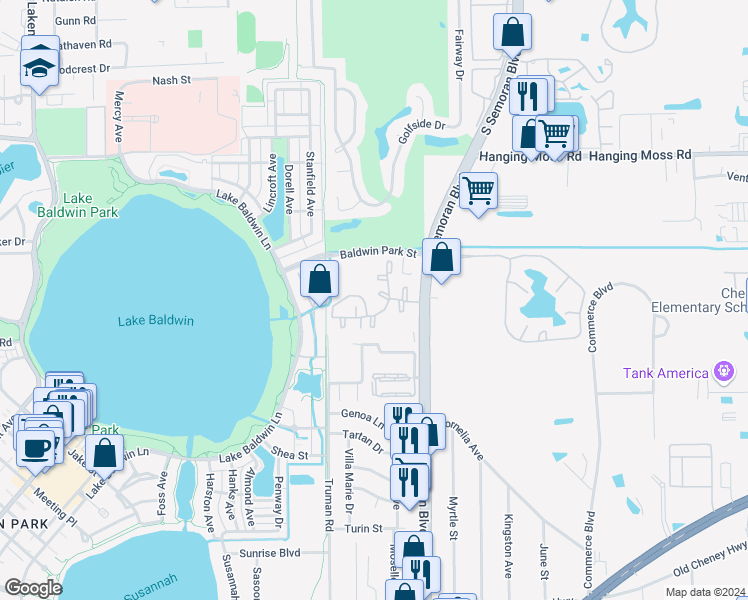 map of restaurants, bars, coffee shops, grocery stores, and more near 5623 Century 21 Boulevard in Orlando