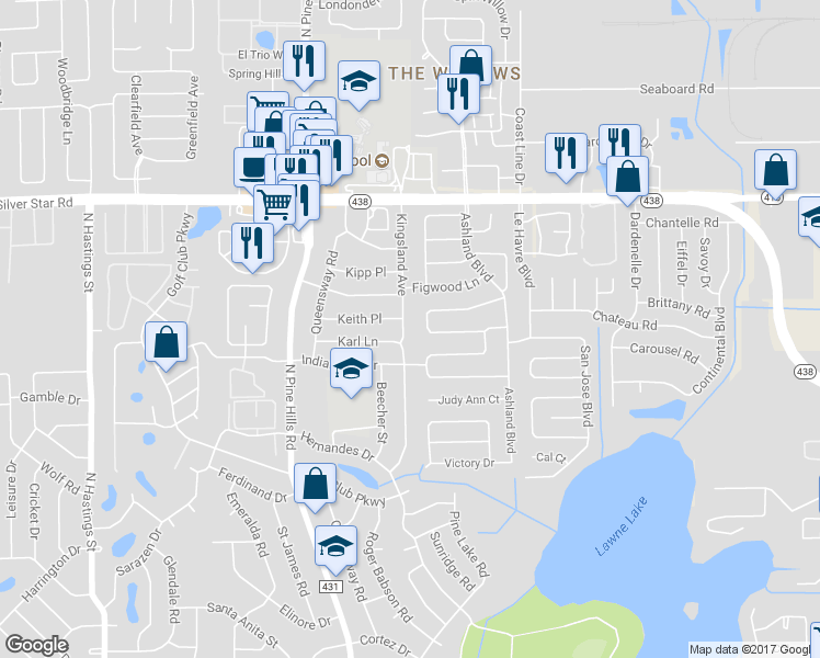 map of restaurants, bars, coffee shops, grocery stores, and more near 4856 Betty Sue Terrace in Pine Hills