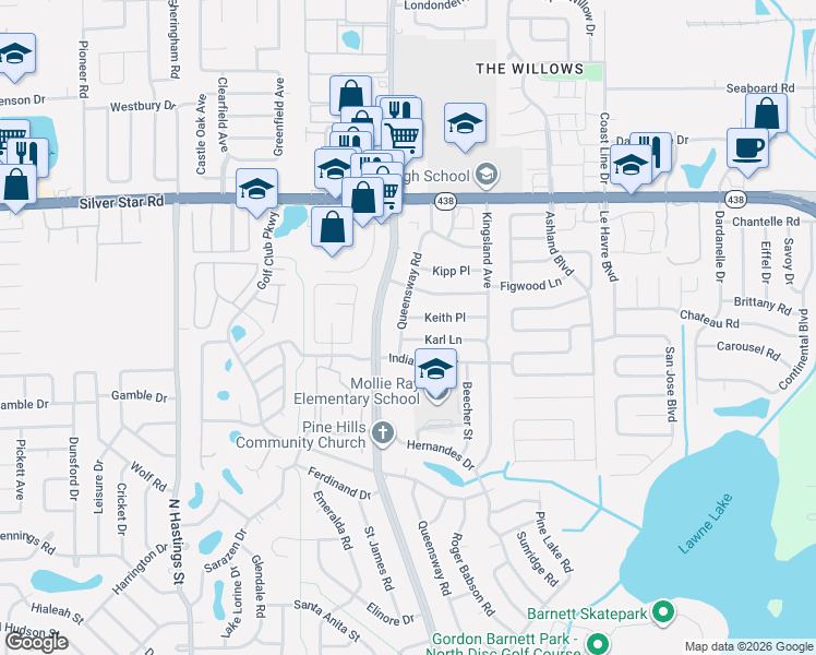 map of restaurants, bars, coffee shops, grocery stores, and more near 2208 Queensway Road in Orlando