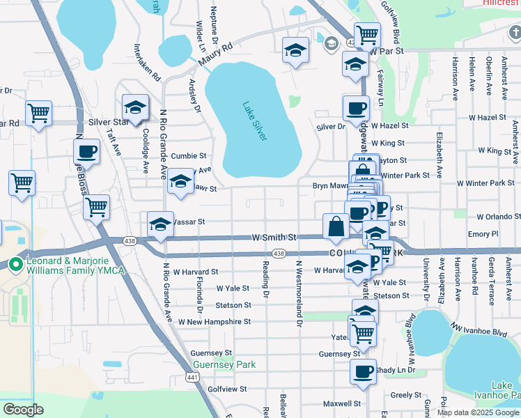 map of restaurants, bars, coffee shops, grocery stores, and more near 2416 Reading Drive in Orlando