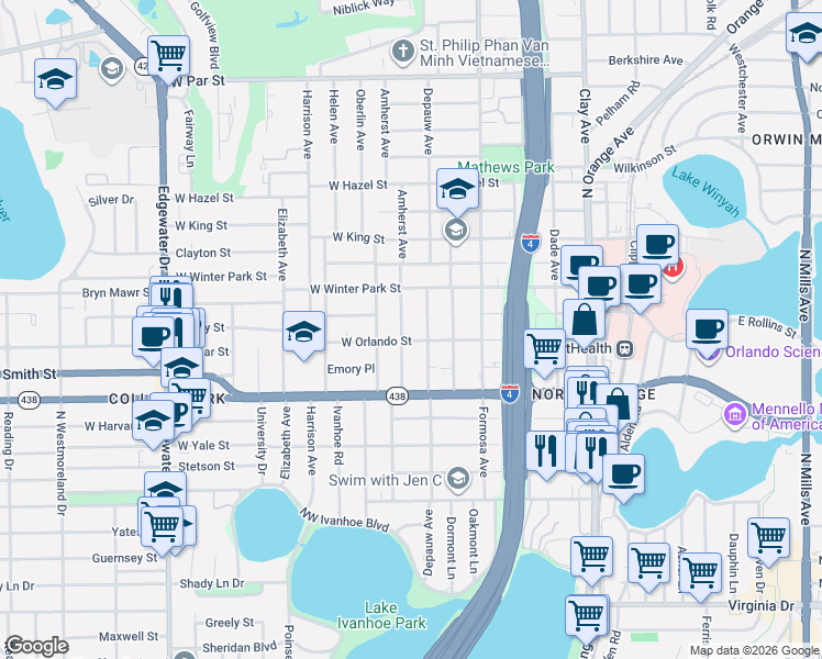 map of restaurants, bars, coffee shops, grocery stores, and more near 2406 Depauw Avenue in Orlando