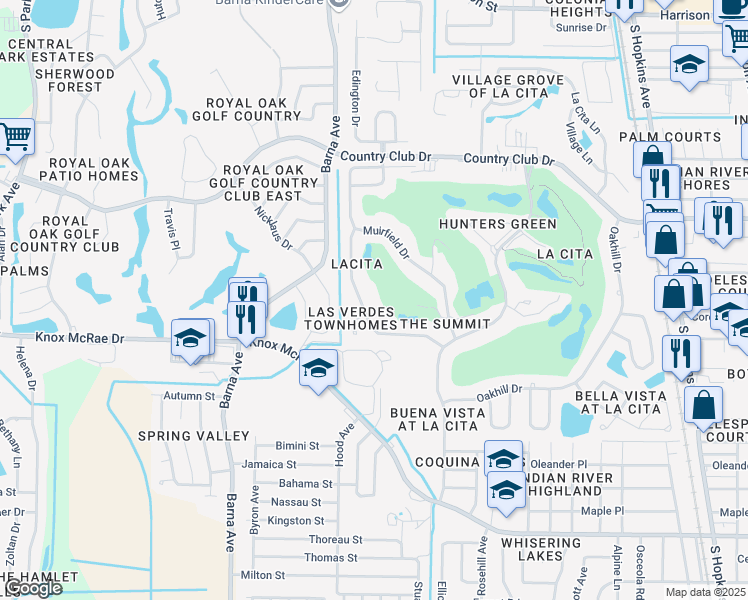 map of restaurants, bars, coffee shops, grocery stores, and more near 3675 Sawgrass Dr in Titusville