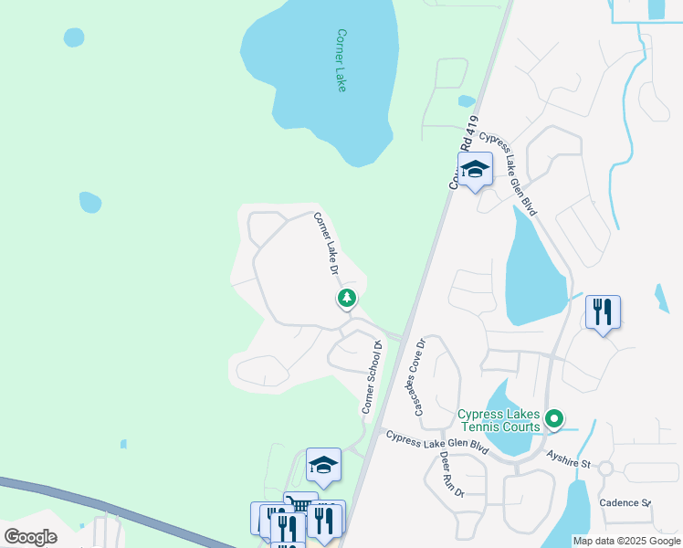 map of restaurants, bars, coffee shops, grocery stores, and more near 16116 Corner Lake Drive in Orlando