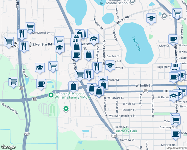 map of restaurants, bars, coffee shops, grocery stores, and more near 2539 Coolidge Avenue in Orlando