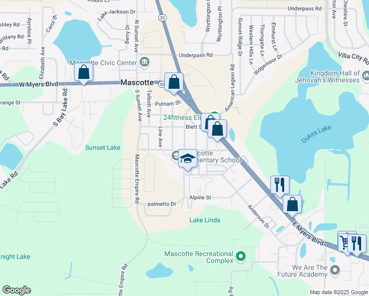 map of restaurants, bars, coffee shops, grocery stores, and more near 460 Midway Avenue in Mascotte