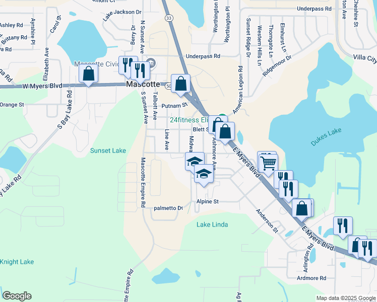 map of restaurants, bars, coffee shops, grocery stores, and more near 348 Midway Avenue in Mascotte