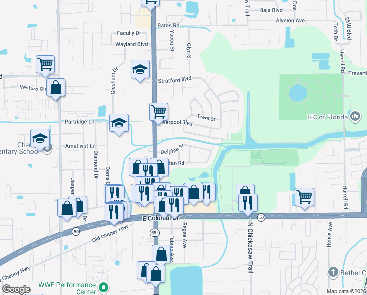map of restaurants, bars, coffee shops, grocery stores, and more near 7710 Delphia Street in Orlando