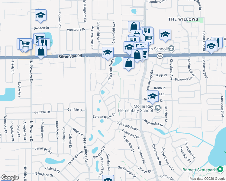 map of restaurants, bars, coffee shops, grocery stores, and more near 2203 Silver Pines Place in Orlando