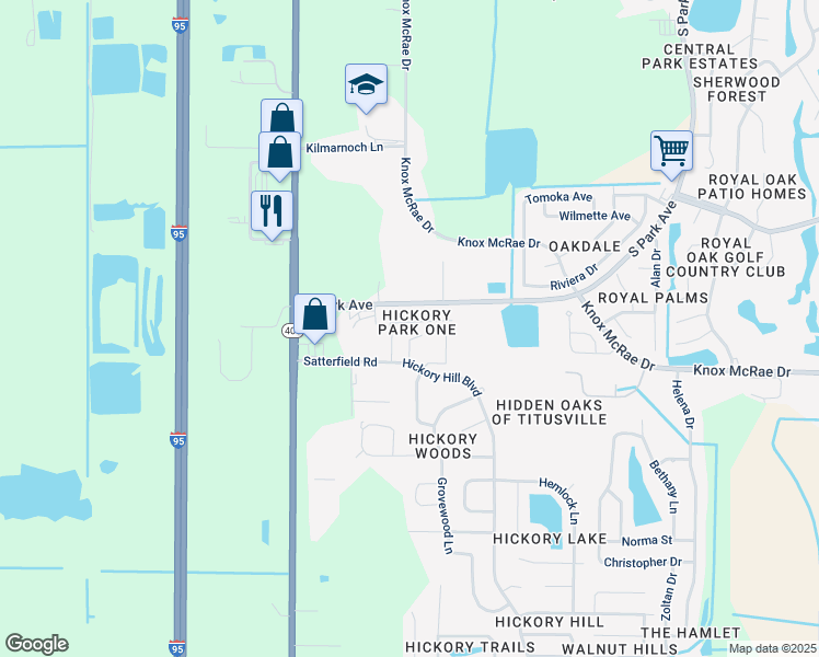 map of restaurants, bars, coffee shops, grocery stores, and more near 3685 Hickory Park Drive in Titusville