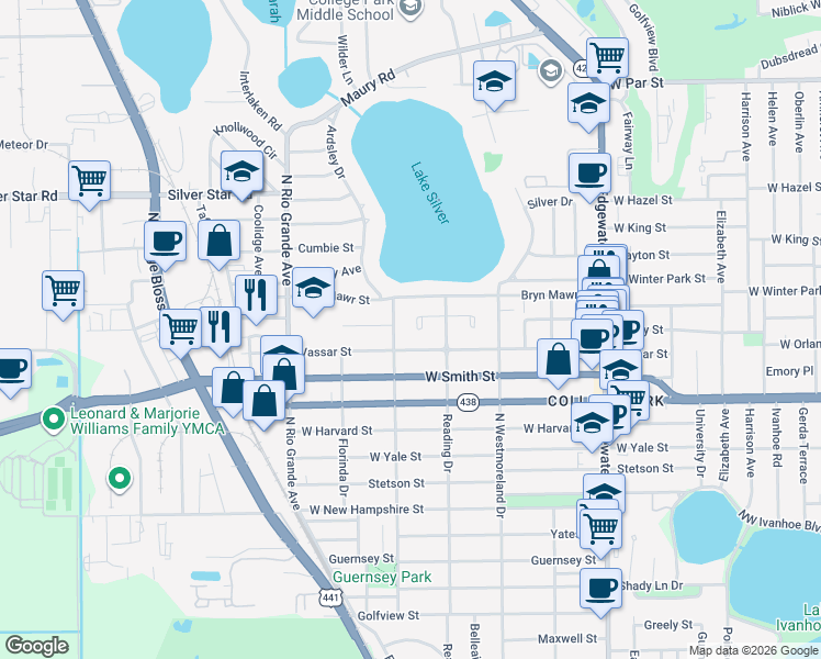 map of restaurants, bars, coffee shops, grocery stores, and more near 1151 Western Way in Orlando