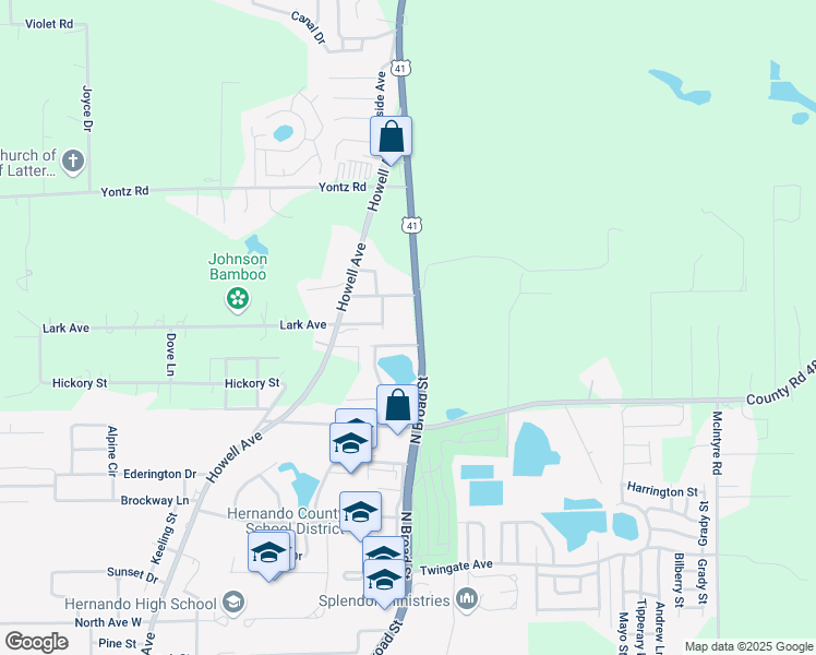 map of restaurants, bars, coffee shops, grocery stores, and more near 10123 Broad Street in Brooksville