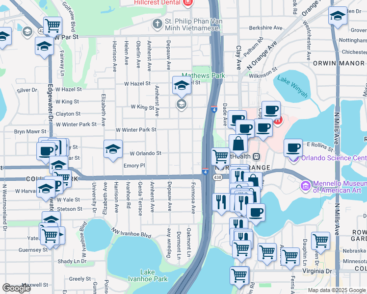 map of restaurants, bars, coffee shops, grocery stores, and more near 2411 Musselwhite Avenue in Orlando