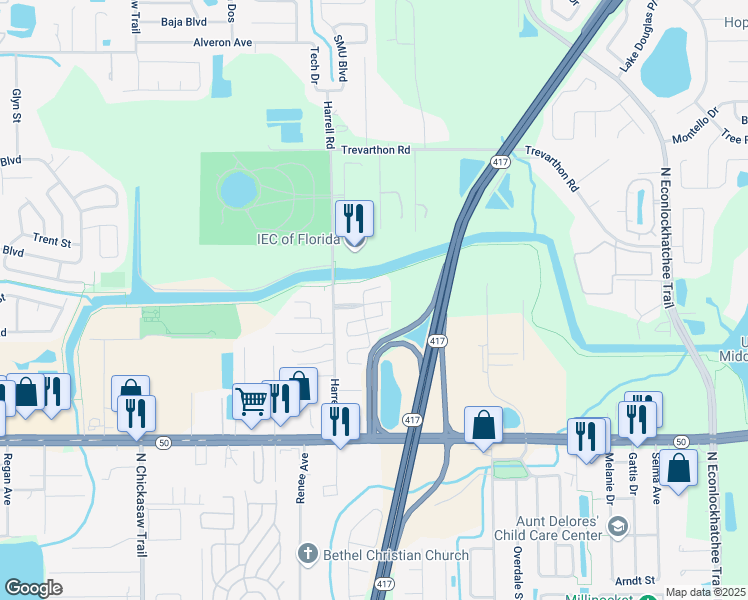 map of restaurants, bars, coffee shops, grocery stores, and more near 2100 Ashton Road in Orlando