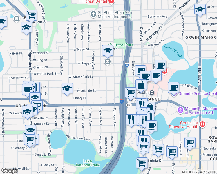 map of restaurants, bars, coffee shops, grocery stores, and more near 2411 Musselwhite Avenue in Orlando
