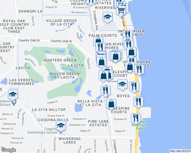 map of restaurants, bars, coffee shops, grocery stores, and more near 3595 Sable Palm Lane in Titusville