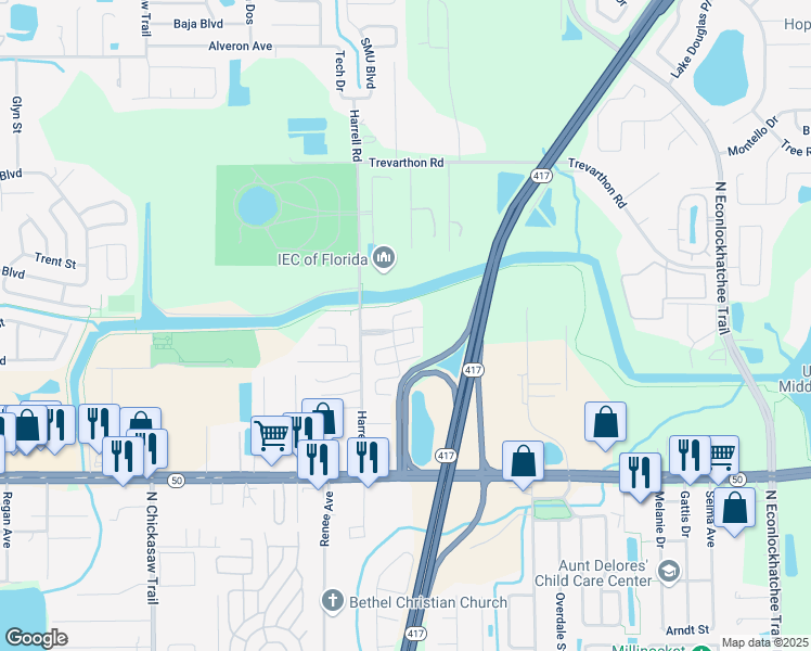 map of restaurants, bars, coffee shops, grocery stores, and more near 2100 Ashton Road in Orlando