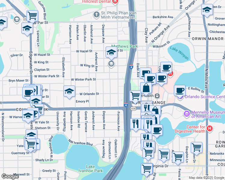 map of restaurants, bars, coffee shops, grocery stores, and more near 2411 Musselwhite Avenue in Orlando