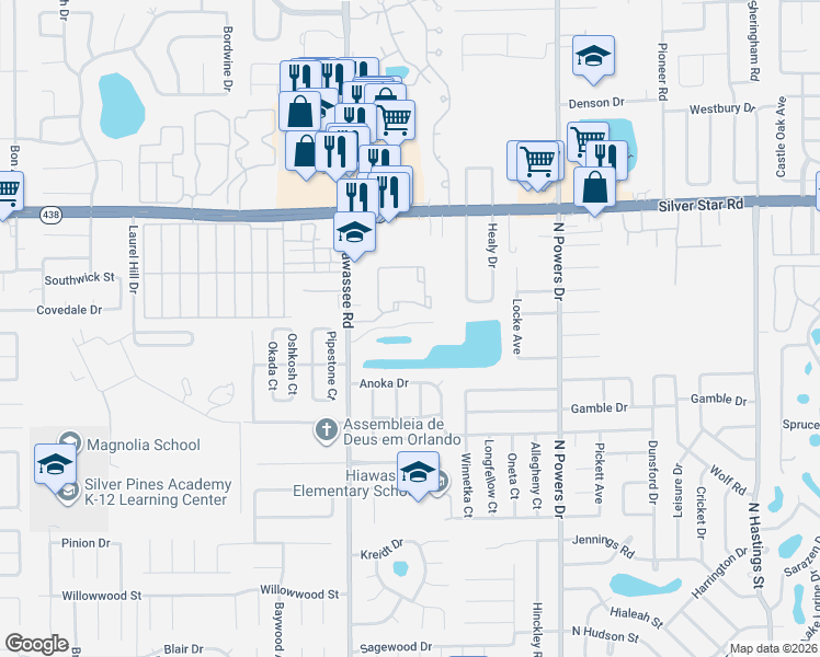 map of restaurants, bars, coffee shops, grocery stores, and more near 2317 North Hiawassee Road in Apopka