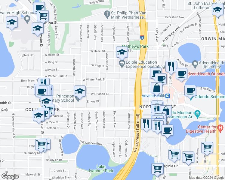 map of restaurants, bars, coffee shops, grocery stores, and more near 2412 Depauw Avenue in Orlando
