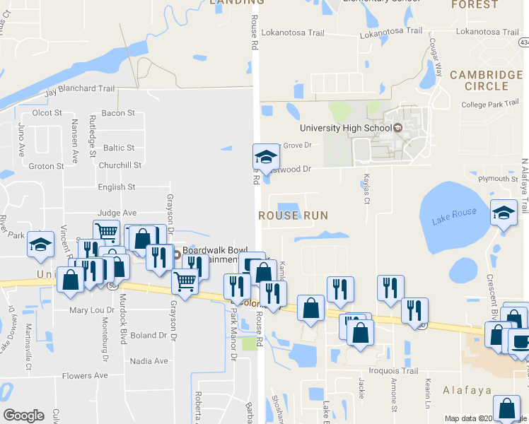 map of restaurants, bars, coffee shops, grocery stores, and more near 11714 Rouse Run Circle in Orlando