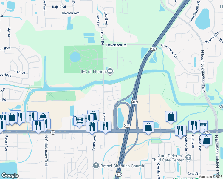 map of restaurants, bars, coffee shops, grocery stores, and more near 2100 Ashton Road in Orlando