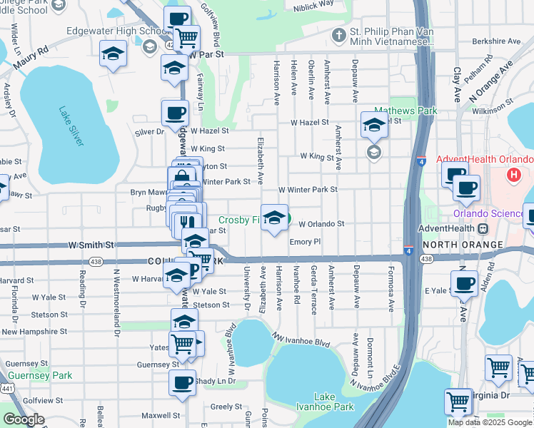 map of restaurants, bars, coffee shops, grocery stores, and more near 415 Rugby Street in Orlando