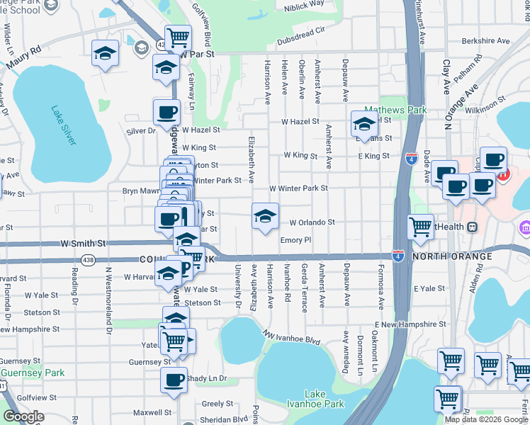 map of restaurants, bars, coffee shops, grocery stores, and more near 2500 Harrison Avenue in Orlando