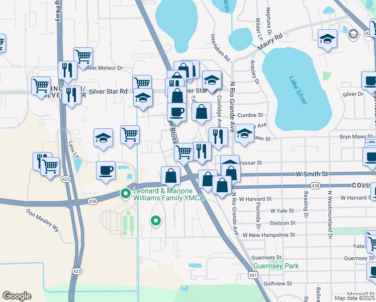 map of restaurants, bars, coffee shops, grocery stores, and more near 2501 North Orange Blossom Trail in Orlando