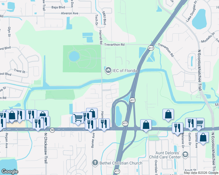 map of restaurants, bars, coffee shops, grocery stores, and more near 2100 Ashton Road in Orlando