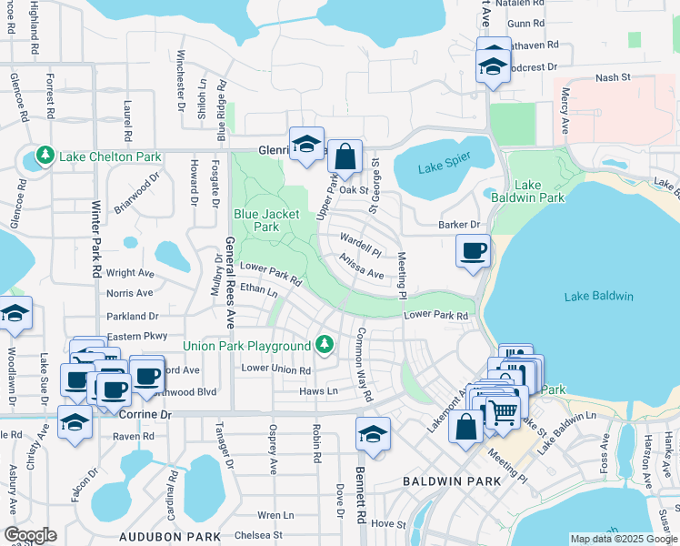 map of restaurants, bars, coffee shops, grocery stores, and more near 2561 Upper Park Road in Orlando