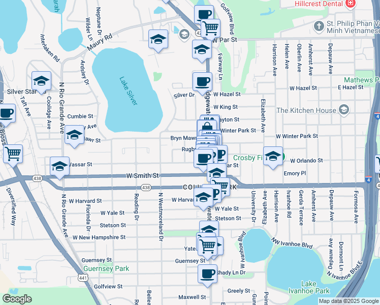 map of restaurants, bars, coffee shops, grocery stores, and more near 806 Rugby Street in Orlando
