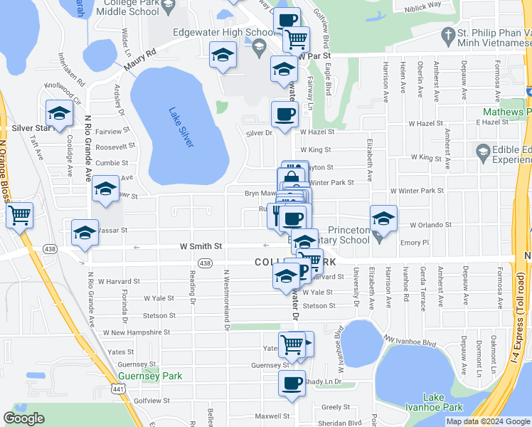 map of restaurants, bars, coffee shops, grocery stores, and more near 806 Rugby Street in Orlando