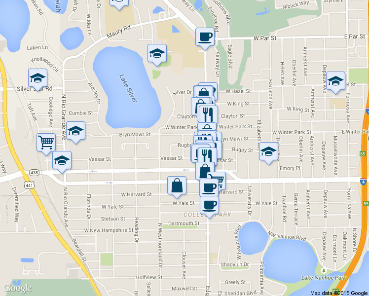 map of restaurants, bars, coffee shops, grocery stores, and more near 806 Rugby Street in Orlando
