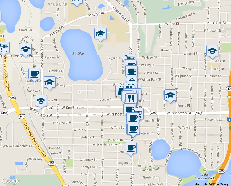 map of restaurants, bars, coffee shops, grocery stores, and more near 2401-2499 Holly Lane in Orlando