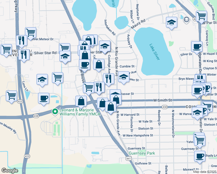 map of restaurants, bars, coffee shops, grocery stores, and more near 2539 Coolidge Avenue in Orlando
