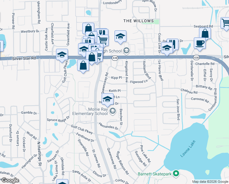 map of restaurants, bars, coffee shops, grocery stores, and more near 5102 Keith Place in Orlando