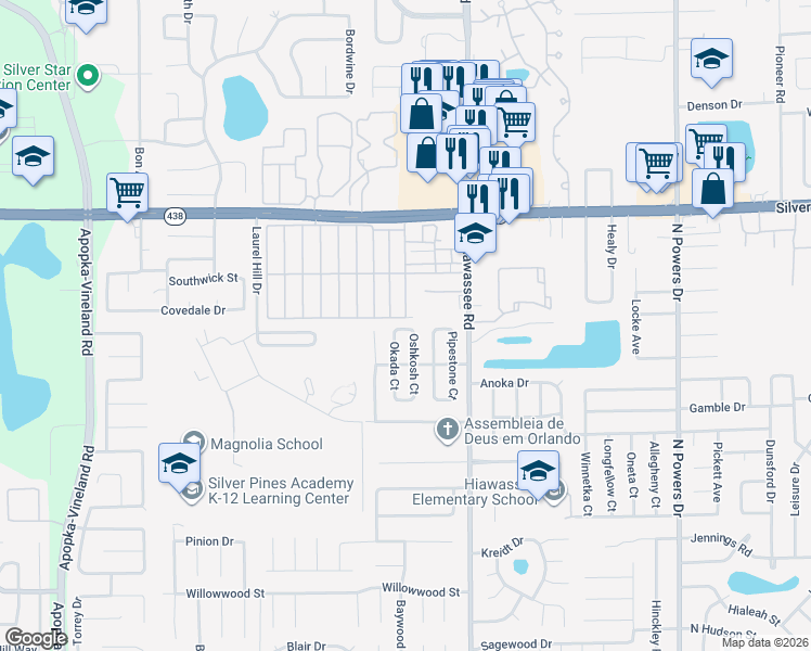 map of restaurants, bars, coffee shops, grocery stores, and more near 2288 Oshkosh Court in Orlando