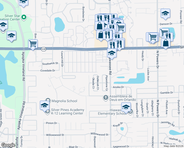 map of restaurants, bars, coffee shops, grocery stores, and more near 2288 Oshkosh Court in Orlando