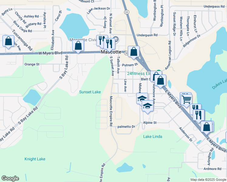 map of restaurants, bars, coffee shops, grocery stores, and more near 355 South Sunset Avenue in Mascotte