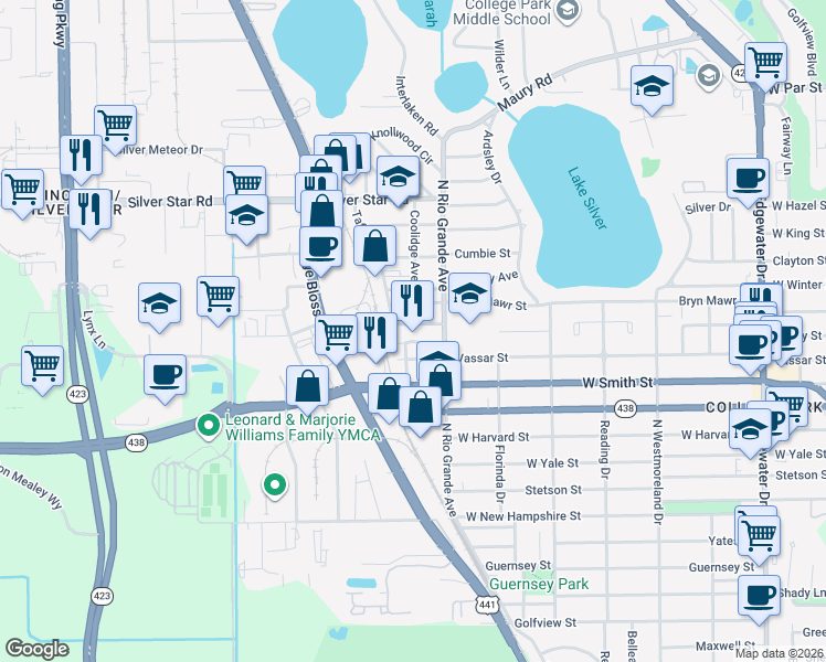 map of restaurants, bars, coffee shops, grocery stores, and more near 2539 Coolidge Avenue in Orlando