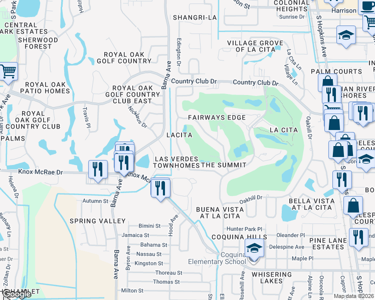 map of restaurants, bars, coffee shops, grocery stores, and more near 3675 Sawgrass Drive in Titusville