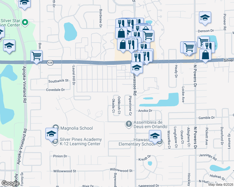 map of restaurants, bars, coffee shops, grocery stores, and more near 2288 Oshkosh Court in Orlando