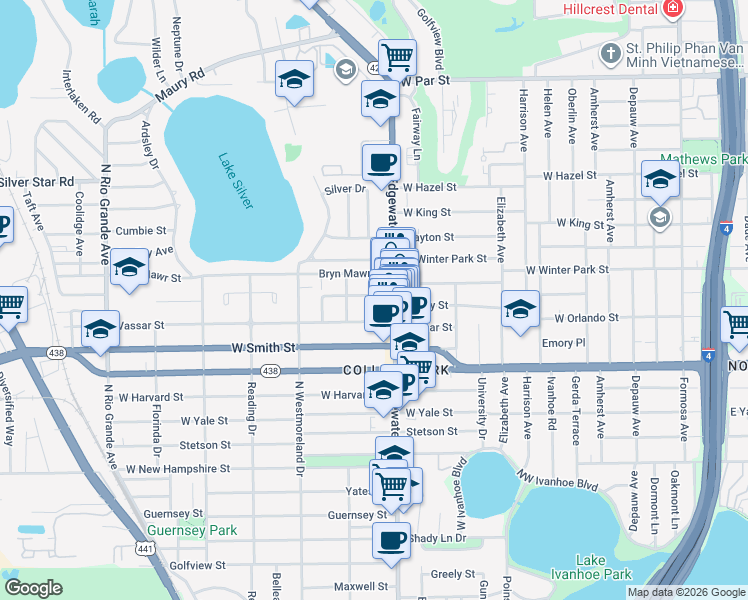 map of restaurants, bars, coffee shops, grocery stores, and more near 2410 Edgewater Drive in Orlando