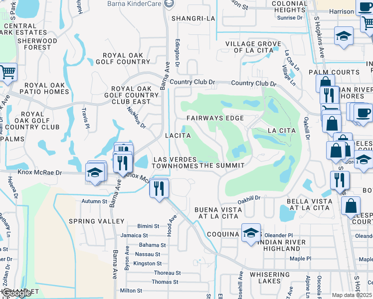 map of restaurants, bars, coffee shops, grocery stores, and more near 3675 Sawgrass Drive in Titusville