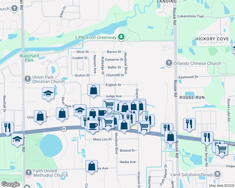 map of restaurants, bars, coffee shops, grocery stores, and more near 11600 Judge Avenue in Orlando