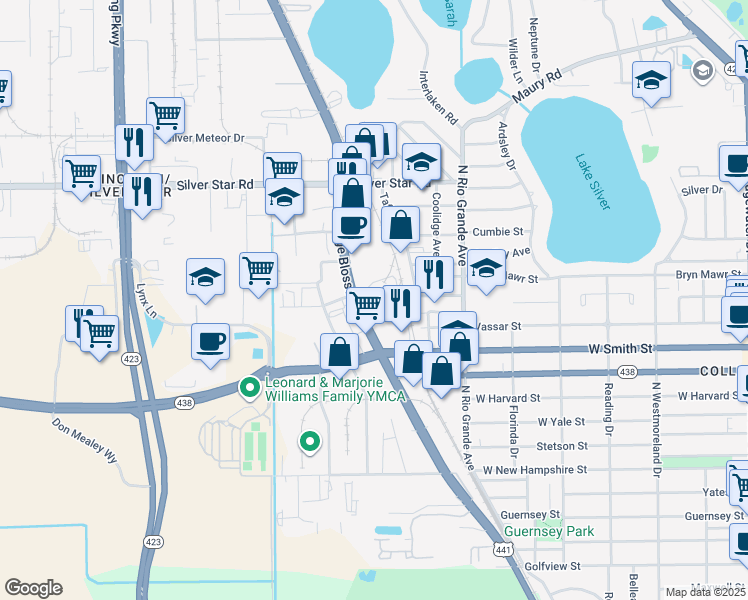 map of restaurants, bars, coffee shops, grocery stores, and more near 2401 South Orange Blossom Trail in Orlando